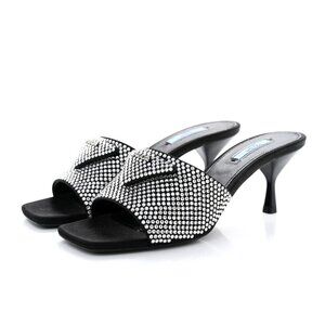 Prada Logo Slide Sandals Satin Crystal Embellished Kitten Heels Black